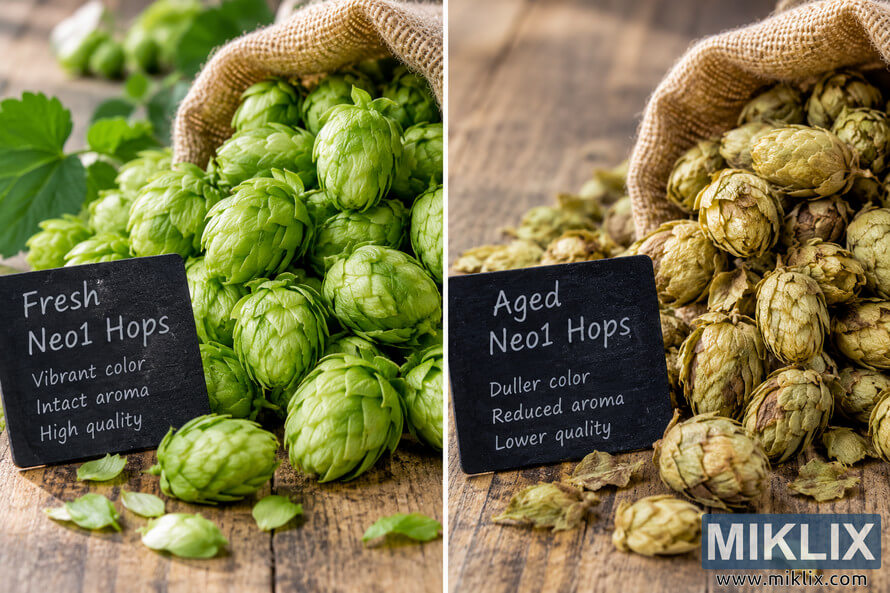 Landscape comparison of fresh and aged Neo1 hop cones, showing vivid green fresh hops beside paler, yellowed and brown aged hops on a rustic wooden table.