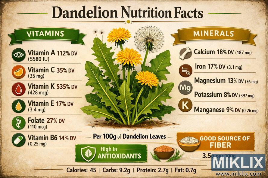 Infographic showing vitamins and minerals in dandelion leaves, including Vitamin A, C, K, E, Folate, B6, Calcium, Iron, Magnesium, Potassium, and Manganese, with icons and percentages per 100g.