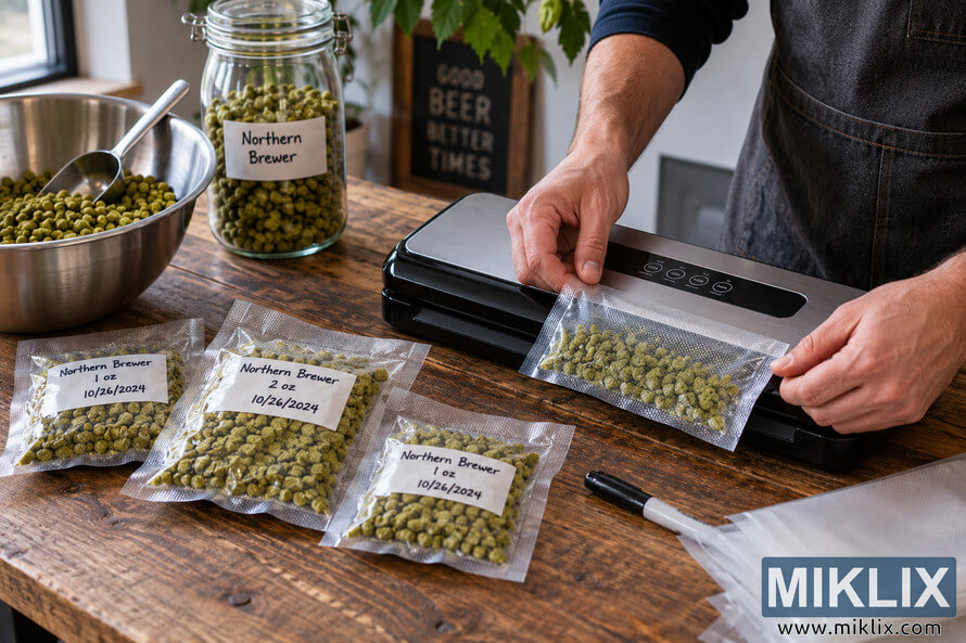 Homebrewer portioning green Northern Brewer hop pellets into labeled transparent vacuum-sealed bags on a rustic wooden worktop, with a vacuum sealer, stainless-steel bowl, scoop, glass hop jar, marker, and unused bags nearby.
