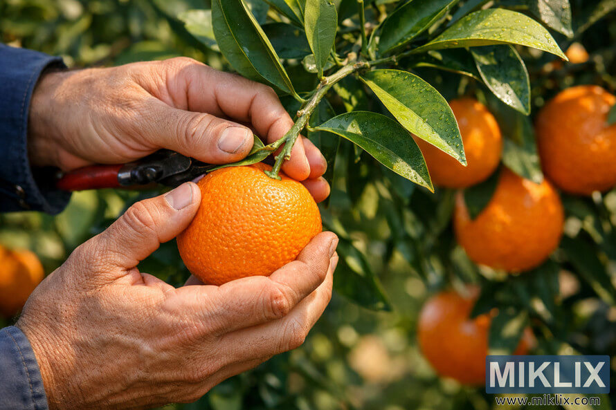 Close-up of hands harvesting a ripe orange from a citrus tree using a careful twisting technique