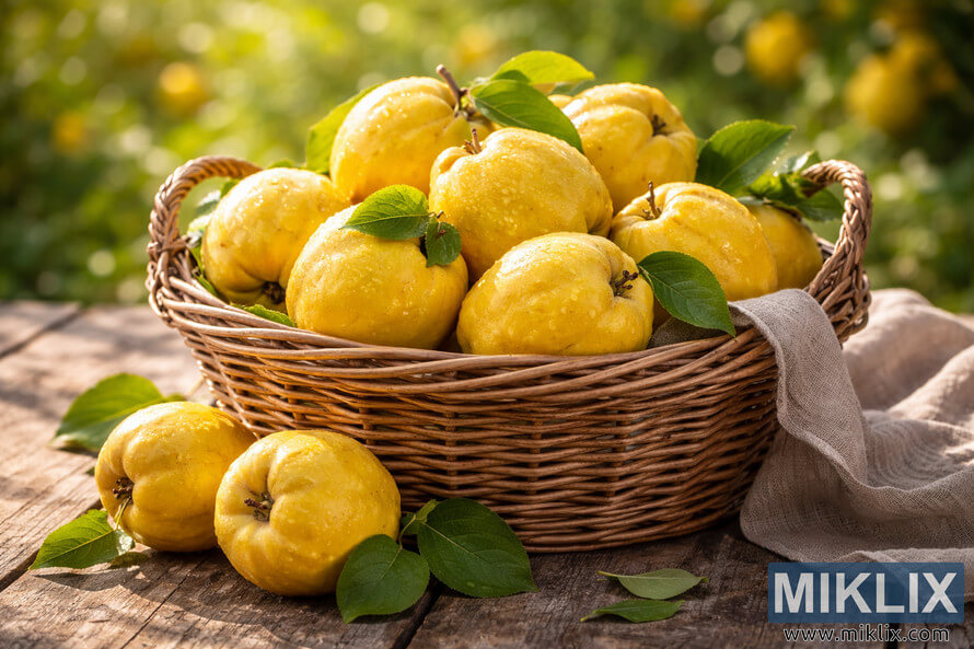 Wicker basket filled with freshly harvested golden quince fruits on a rustic wooden table in warm natural sunlight.
