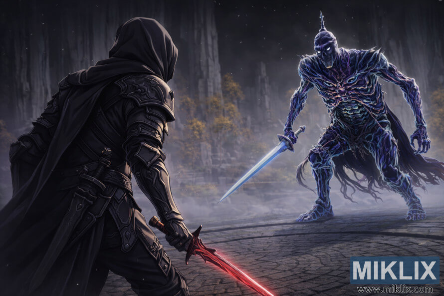 Fan-Art im Anime-Stil, die den Tarnished von hinten in Black Knife-RÃ¼stung zeigt, wie er Bols, den karischen Ritter, in Cuckoos Evergaol kurz vor dem Kampf gegenÃ¼bersteht.