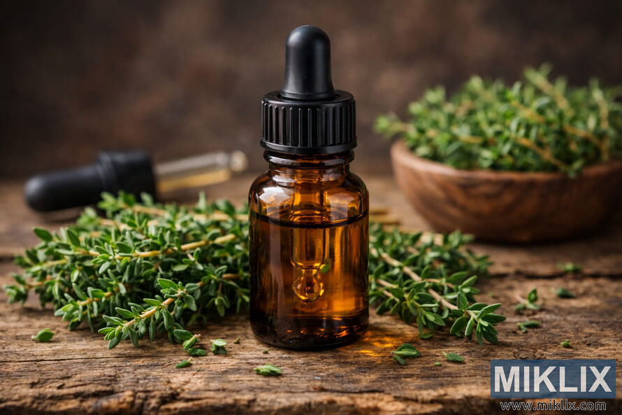 Landscape photo of an amber glass thyme essential oil bottle filled with golden liquid, standing on a rustic wooden surface. Fresh green thyme sprigs lie around the bottle, with some scattered leaves on the wood. A small wooden bowl filled with thyme sits softly out of focus in the background, and a clear glass dropper with a few drops of oil rests behind the bottle. Warm, natural lighting and a blurred earthy backdrop highlight the bottle and herbs as the central focus, with no visible logos or brand labels. Landscape photo of an amber glass thyme essential oil bottle filled with golden liquid, standing on a rustic wooden surface. Fresh green thyme sprigs lie around the bottle, with some scattered leaves on the wood. A small wooden bowl filled with thyme sits softly out of focus in the background, and a clear glass dropper with a few drops of oil rests behind the bottle. Warm, natural lighting and a blurred earthy backdrop highlight the bottle and herbs as the central focus, with no visible logos or brand labels.