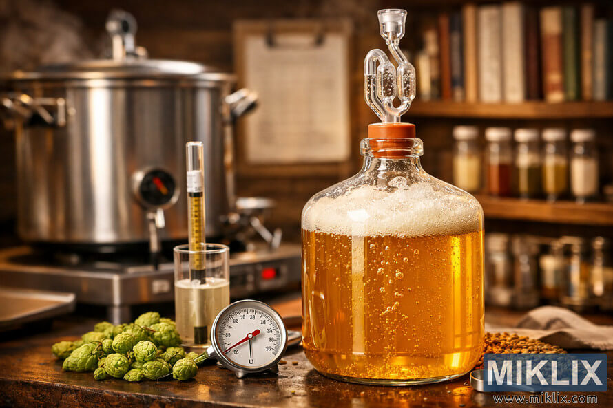 Photo-style illustration of a homebrew lager fermentation setup on a countertop, featuring a glass carboy filled with golden lager and an S-shaped airlock with bubbles rising through it. A hydrometer stands in a test jar of pale liquid beside a stainless steel dial thermometer showing about 50°F (10°C). A stainless steel brewing kettle with a thermometer probe sits nearby. Fresh green hop cones, pale malted barley, and a small metal measuring spoon are scattered around the base of the carboy. In the softly blurred background, wooden shelves hold brewing books, glass vials of yeast cultures, and a hanging clipboard with a brewing chart, all lit by warm, inviting light. Photo-style illustration of a homebrew lager fermentation setup on a countertop, featuring a glass carboy filled with golden lager and an S-shaped airlock with bubbles rising through it. A hydrometer stands in a test jar of pale liquid beside a stainless steel dial thermometer showing about 50°F (10°C). A stainless steel brewing kettle with a thermometer probe sits nearby. Fresh green hop cones, pale malted barley, and a small metal measuring spoon are scattered around the base of the carboy. In the softly blurred background, wooden shelves hold brewing books, glass vials of yeast cultures, and a hanging clipboard with a brewing chart, all lit by warm, inviting light.