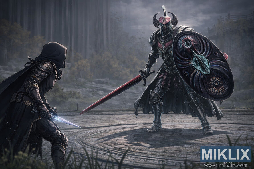 Fan art in stile anime che raffigura l'armatura Tarnished in Black Knife mentre affronta un imponente Cavaliere del Crogiolo a Stormhill Evergaol, poco prima del combattimento.