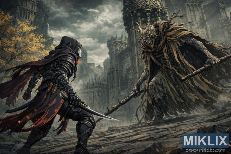 Anime style fan art of a black-armored Tarnished facing Margit the Fell Omen in a tense pre-battle standoff inside a ruined gothic castle courtyard under stormy skies.