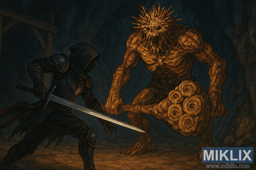 Fantastyczna grafika w stylu anime przedstawiajÄ
ca Tarnished wÅadajÄ
cych prostym mieczem w obliczu potÄżnego Trolla Stonediggera w ciemnym podziemnym tunelu. Fantastyczna grafika w stylu anime przedstawiajÄ
ca Tarnished wÅadajÄ
cych prostym mieczem w obliczu potÄżnego Trolla Stonediggera w ciemnym podziemnym tunelu.