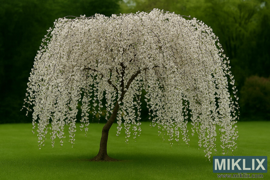 Photo de paysage dâun cerisier pleureur des fontaines de neige avec des branches en cascade couvertes de fleurs blanches sur une pelouse verte