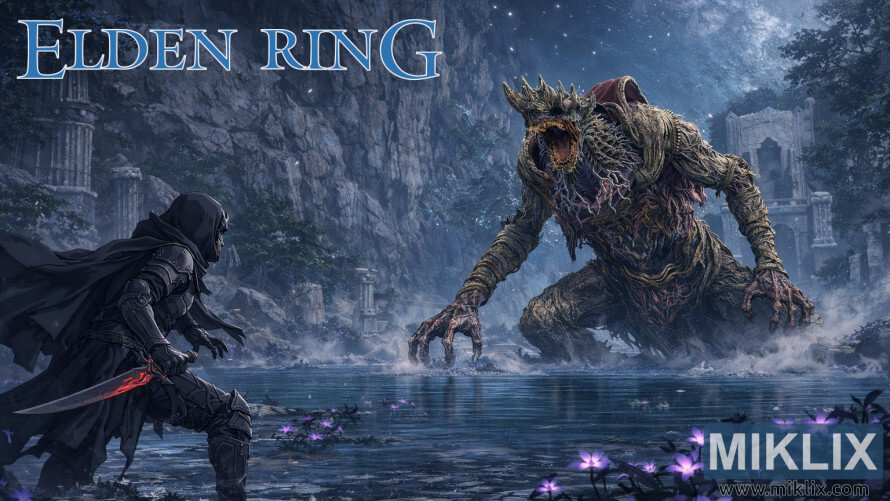 Fan art of Elden Ring's Black Knife armor-clad player battling Dragonkin Soldier in Siofra River Fan art of Elden Ring's Black Knife armor-clad player battling Dragonkin Soldier in Siofra River