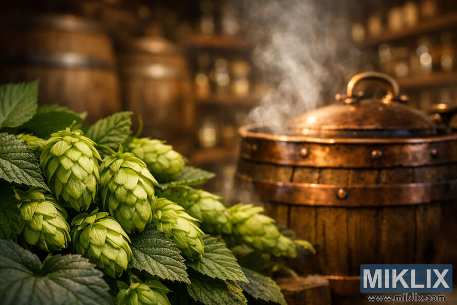 Close-up of vibrant green hop cones surrounded by lush hop leaves in the foreground, with a rustic wooden and copper brewing kettle emitting gentle steam in the middle ground and blurred wooden barrels and shelves of brewing supplies in the warm, ambient background. Close-up of vibrant green hop cones surrounded by lush hop leaves in the foreground, with a rustic wooden and copper brewing kettle emitting gentle steam in the middle ground and blurred wooden barrels and shelves of brewing supplies in the warm, ambient background.