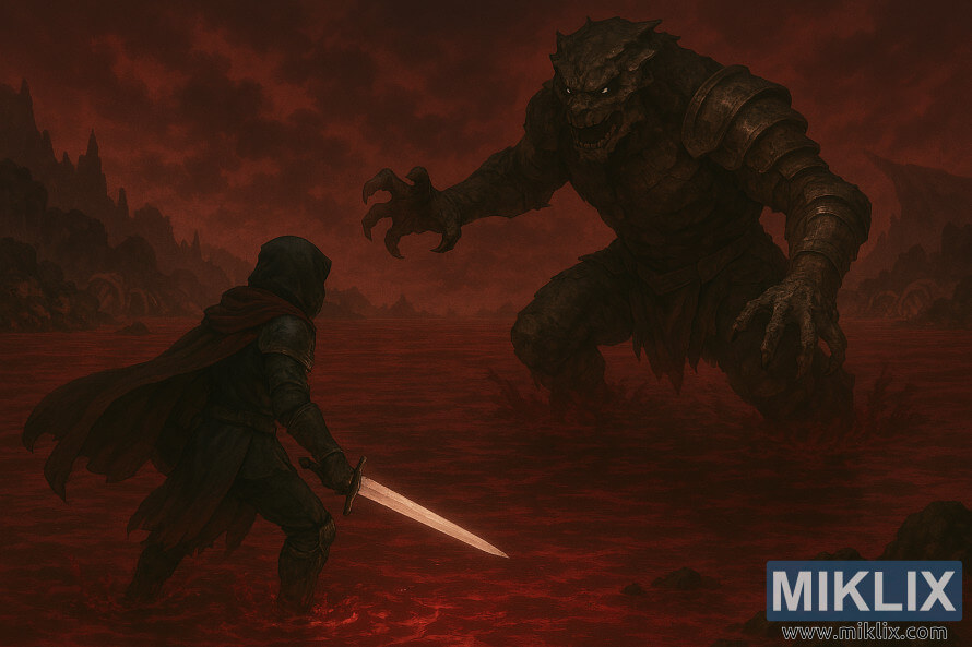 PolurealistiÄna fan art slika Tarnished-a u borbi protiv Dragonkin Soldiera u Elden Ringovom Lake of Rot PolurealistiÄna fan art slika Tarnished-a u borbi protiv Dragonkin Soldiera u Elden Ringovom Lake of Rot