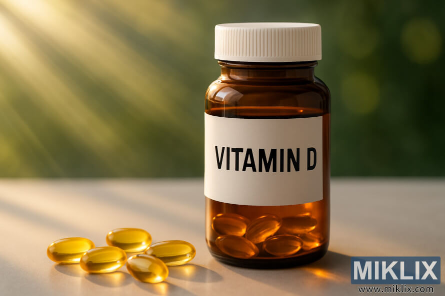 Amber bottle of Vitamin D with golden softgel capsules glowing in sunlight on a light surface.