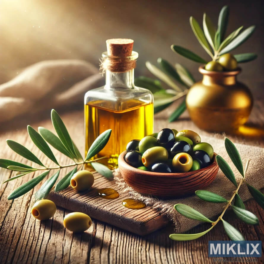 Bowl of olives with olive oil bottles and fresh olive branches on wood table. Bowl of olives with olive oil bottles and fresh olive branches on wood table.
