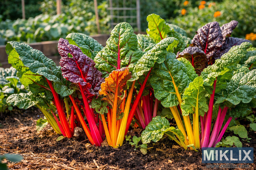 Colorful rainbow Swiss chard with red, yellow, orange, and pink stems growing in rich soil in a sunny home vegetable garden bed.