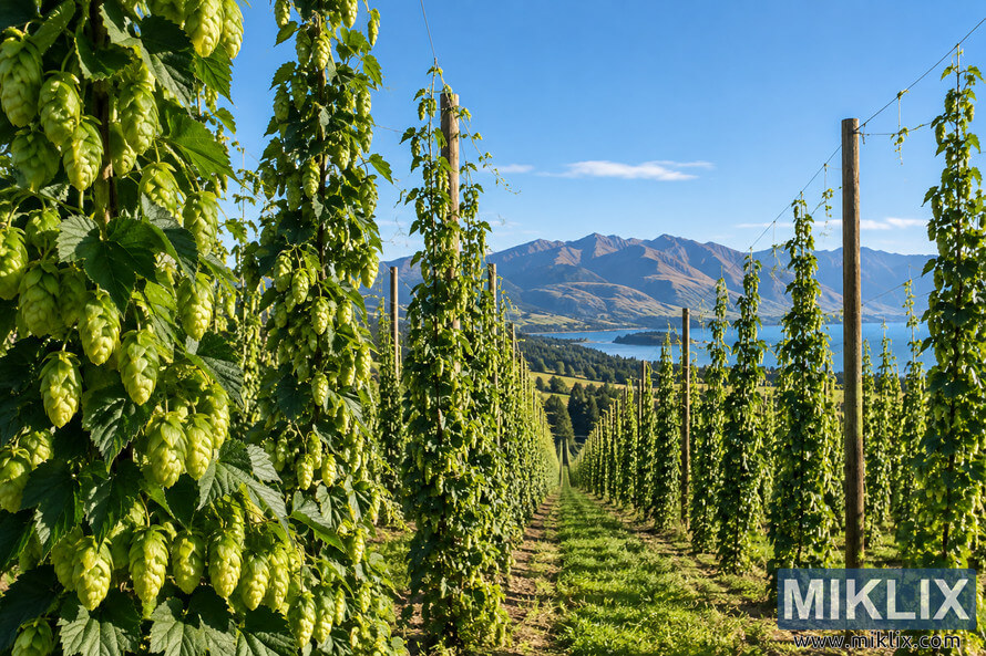 Wide landscape view of a New Zealand hop farm with lush green hop bines and cones climbing tall trellises in orderly rows, overlooking blue water and rugged mountains beneath a clear blue sky. Wide landscape view of a New Zealand hop farm with lush green hop bines and cones climbing tall trellises in orderly rows, overlooking blue water and rugged mountains beneath a clear blue sky.