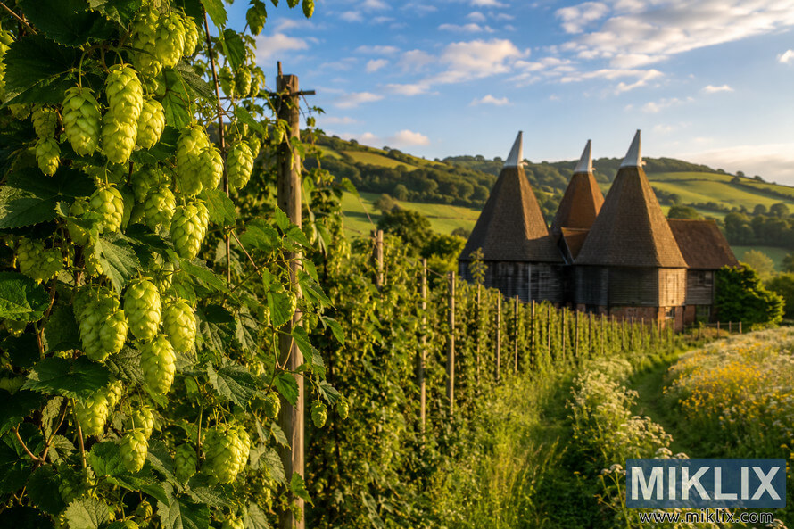 Lush green hop vines heavy with Golding hop cones climb wooden trellises on a traditional English hop farm, with historic oast houses and rolling countryside glowing in warm afternoon sunlight.