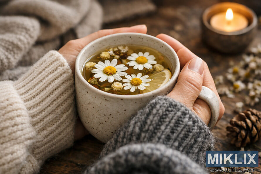 Hands wrapped around a ceramic mug of hot chamomile tea with floating flowers and a lemon slice, surrounded by cozy knit sleeves and a softly lit candle in the background.