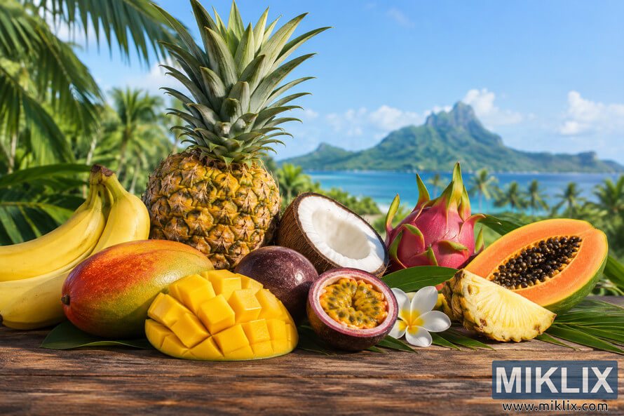 Colorful tropical fruits including pineapple, mango, banana, coconut, passion fruit, dragon fruit and papaya on a wooden table with a tropical island backdrop.