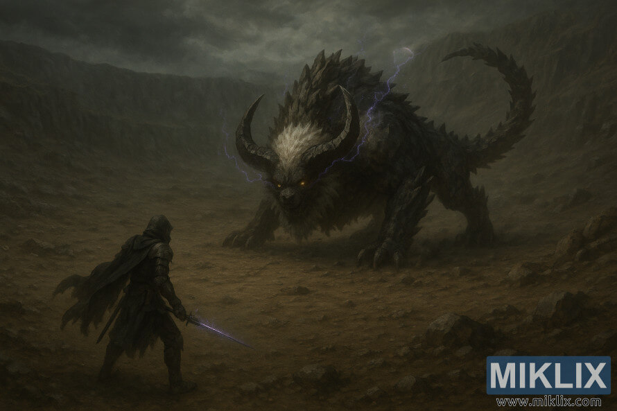 Scena fantasy dark realistica in cui i Tarnished affrontano un'enorme Bestia Stella Cadente all'interno di un cratere desolato sotto un cielo tempestoso.