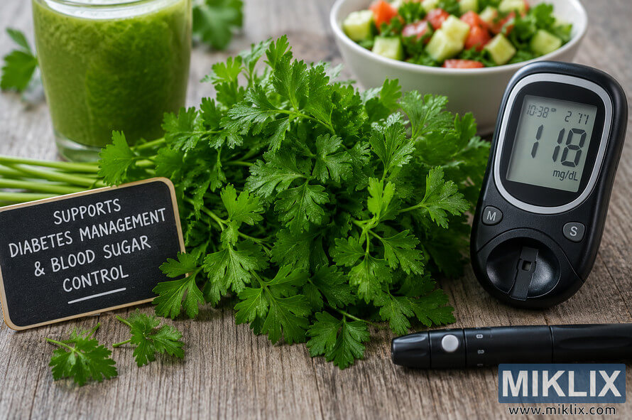 Fresh green parsley displayed on a rustic wooden table beside a digital blood glucose meter, a green smoothie, and a healthy salad, symbolizing natural support for diabetes management and balanced blood sugar control. Fresh green parsley displayed on a rustic wooden table beside a digital blood glucose meter, a green smoothie, and a healthy salad, symbolizing natural support for diabetes management and balanced blood sugar control.