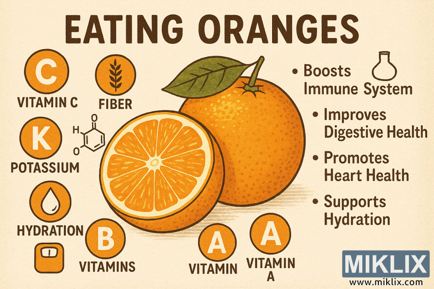 InfografÃ­a que muestra las propiedades nutricionales y los beneficios para la salud de las naranjas.