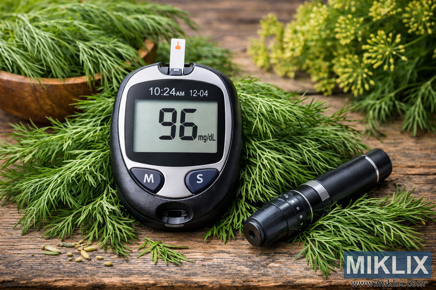 Landscape photo of an unbranded blood glucose meter displaying 96 mg/dL, surrounded by fresh green dill on a rustic wooden surface, with a lancing device and a blurred wooden bowl of dill in the background. Landscape photo of an unbranded blood glucose meter displaying 96 mg/dL, surrounded by fresh green dill on a rustic wooden surface, with a lancing device and a blurred wooden bowl of dill in the background.