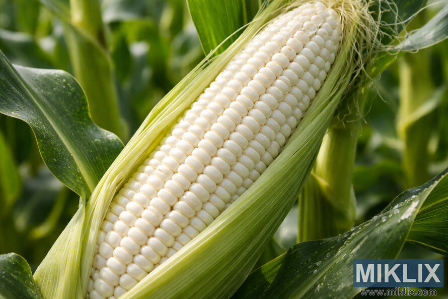 Large ear of Silver Queen corn with tightly packed pure white kernels partially wrapped in green husk in a sunlit cornfield