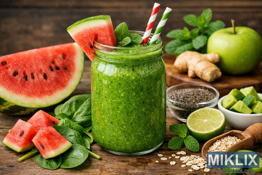 A tall glass jar filled with a vibrant green watermelon spinach smoothie, garnished with a watermelon slice, spinach leaves, and striped paper straws, surrounded by fresh ingredients like watermelon pieces, chia seeds, lime, avocado, oats, cucumber, apple, ginger, and mint on a rustic wooden table. A tall glass jar filled with a vibrant green watermelon spinach smoothie, garnished with a watermelon slice, spinach leaves, and striped paper straws, surrounded by fresh ingredients like watermelon pieces, chia seeds, lime, avocado, oats, cucumber, apple, ginger, and mint on a rustic wooden table.