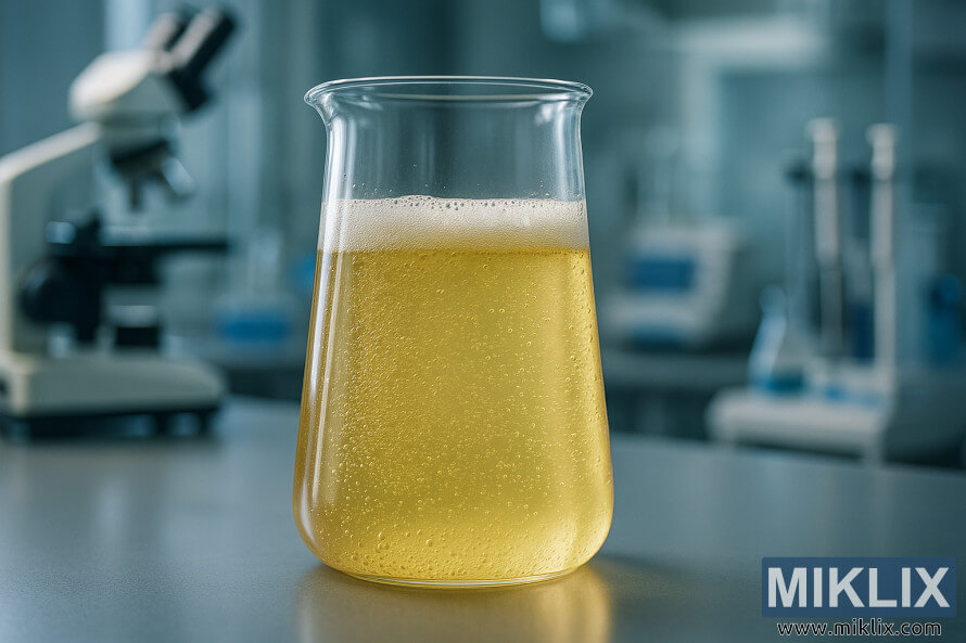 Et klart glassbeger fylt med en blek, gjærende ølprøve på et laboratoriebord med uskarpt vitenskapelig utstyr i bakgrunnen. Et klart glassbeger fylt med en blek, gjærende ølprøve på et laboratoriebord med uskarpt vitenskapelig utstyr i bakgrunnen.