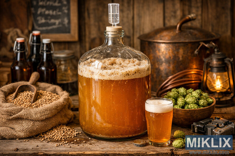 A glass carboy filled with pale ale fermenting on a wooden table surrounded by hops, malt, and brewing tools in a cozy rustic homebrewing environment.