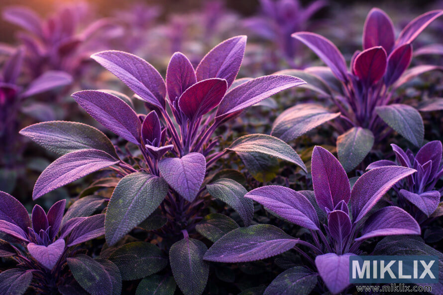 Vue rapprochÃ©e de plantes de sauge pourpre aux feuilles teintÃ©es dâun violet Ã©clatant poussant densÃ©ment sous une lumiÃ¨re douce et chaude.