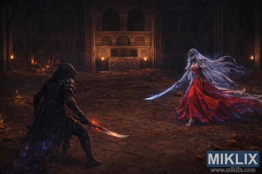 Wide anime-style scene of the Tarnished in Black Knife armor facing the Dancer of Ranah across a ruined mausoleum hall, showing more background and architectural detail before battle.