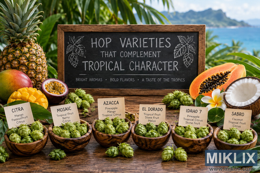 Six bowls of green hops labeled Citra, Mosaic, Azacca, El Dorado, Idaho 7 and Sabro beside tropical fruits and a chalkboard describing tropical character.