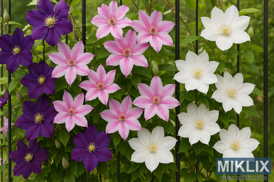 Des clÃ©matites violettes, roses et blanches grimpant sur un treillis mÃ©tallique noir dans un jardin luxuriant.