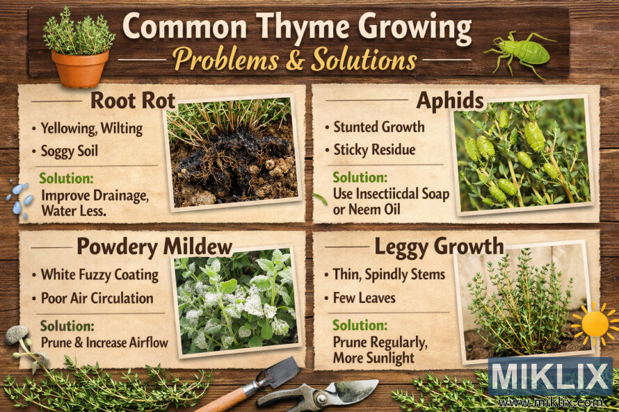 InfogrÃ¡fico educativo mostrando problemas comuns em plantas de tomilho, como podridÃ£o radicular, pulgÃµes, oÃ­dio e crescimento alongado, com fotos, sintomas e soluÃ§Ãµes simples para jardinagem.