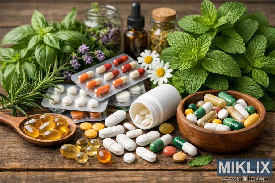 A detailed photograph showing a mix of pills, capsules, and fresh herbs arranged on a rustic wooden surface. A detailed photograph showing a mix of pills, capsules, and fresh herbs arranged on a rustic wooden surface.