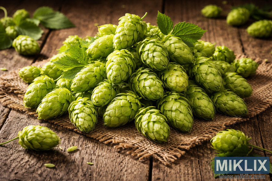 Freshly harvested Santiam hop cones arranged on a rustic wooden table with green leaves and burlap under warm natural lighting. Freshly harvested Santiam hop cones arranged on a rustic wooden table with green leaves and burlap under warm natural lighting.