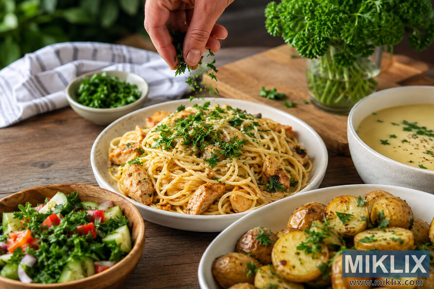 Fresh parsley being sprinkled over a plate of pasta surrounded by roasted potatoes, salad, and creamy soup on a rustic wooden table. Fresh parsley being sprinkled over a plate of pasta surrounded by roasted potatoes, salad, and creamy soup on a rustic wooden table.