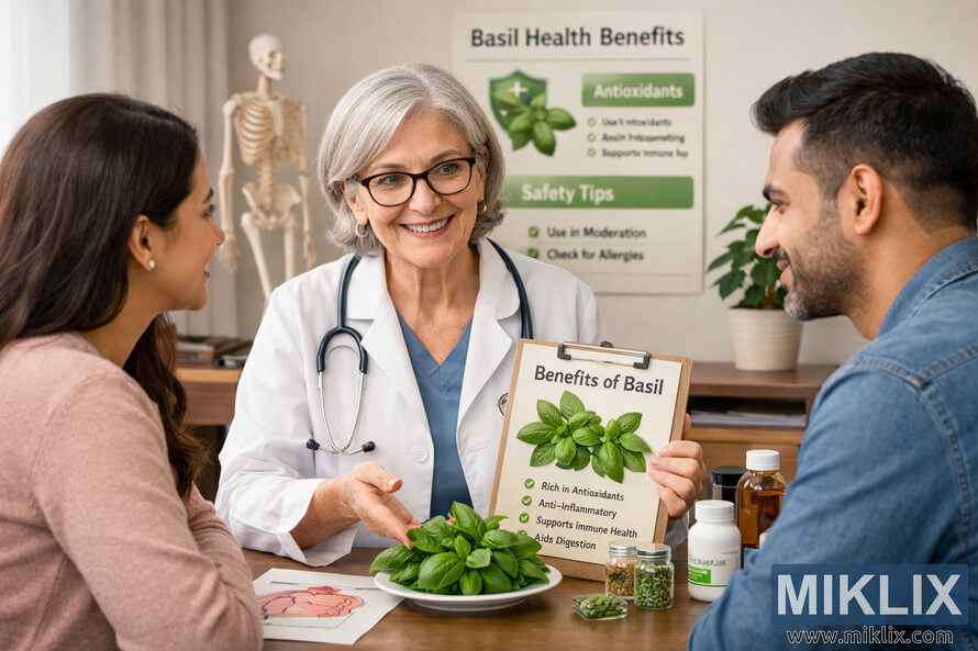Doctor discussing basil health benefits with a young couple during a healthcare consultation, showing basil leaves and educational materials on her desk.