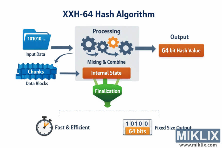 ഇൻപുട്ട് ഡാറ്റയെ കഷണങ്ങളായി വിഭജിക്കുന്നതും, ഒരു പ്രോസസ്സിംഗ് ഘട്ടത്തിലൂടെ മിക്സ് ചെയ്യുന്നതും, അന്തിമമാക്കി, 64-ബിറ്റ് ഹാഷ് മൂല്യമായി പുറത്തുവിടുന്നതും എങ്ങനെയെന്ന് കാണിക്കുന്ന ഡയഗ്രം.