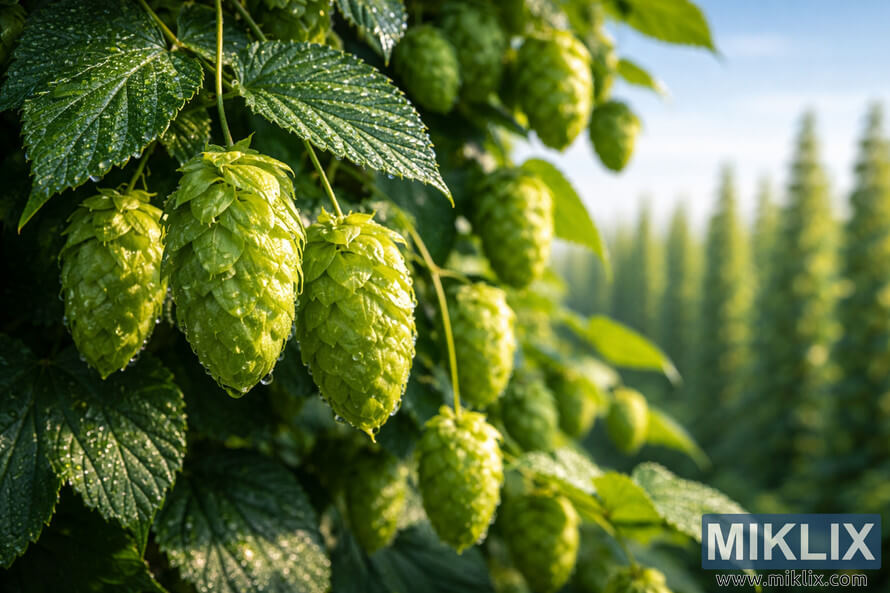 Close-up of vibrant green Ahtanum hop cones covered in morning dew, hanging from leafy vines with a blurred hop field and blue sky in the background.