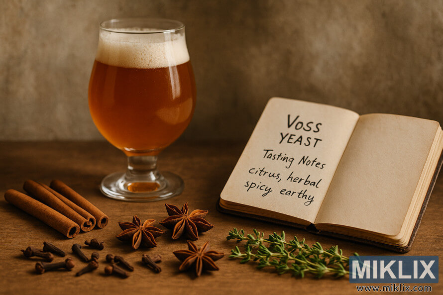 NjÃ« gotÃ« birrÃ« nÃ« formÃ« tulipani me ngjyrÃ« qelibar pranÃ« njÃ« fletoreje tÃ« hapur rustike me etiketÃ«n 'ShÃ«nime shijimi tÃ« majasÃ« Voss' me erÃ«za si kanellÃ«, karafil, anason yjor dhe trumzÃ« tÃ« rregulluara nÃ« njÃ« sipÃ«rfaqe druri.