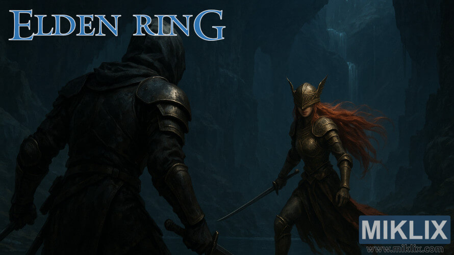 Fan art scene of a Black Knife assassin battling Malenia, Blade of Miquella, in a dark cavern. Fan art scene of a Black Knife assassin battling Malenia, Blade of Miquella, in a dark cavern.