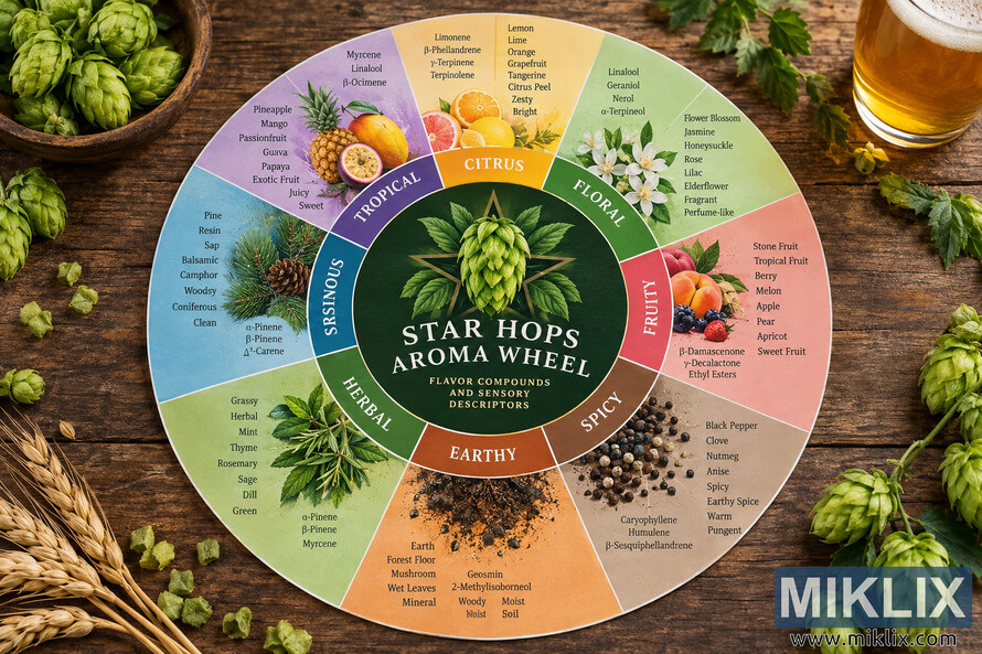 Landscape infographic photo of a colorful Star Hops Aroma Wheel on a rustic wooden table, surrounded by fresh hop cones, barley, herbs, and a glass of golden beer. The circular wheel organizes hop aromas into Citrus, Floral, Fruity, Spicy, Earthy, Herbal, Resinous, and Tropical categories with associated compounds and sensory descriptors. Landscape infographic photo of a colorful Star Hops Aroma Wheel on a rustic wooden table, surrounded by fresh hop cones, barley, herbs, and a glass of golden beer. The circular wheel organizes hop aromas into Citrus, Floral, Fruity, Spicy, Earthy, Herbal, Resinous, and Tropical categories with associated compounds and sensory descriptors.