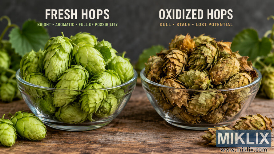 Side-by-side photographic comparison of fresh and oxidized hop cones. Bright green fresh hops fill a clear glass bowl on the left, while dry, brown and muted oxidized hops fill a matching bowl on the right.