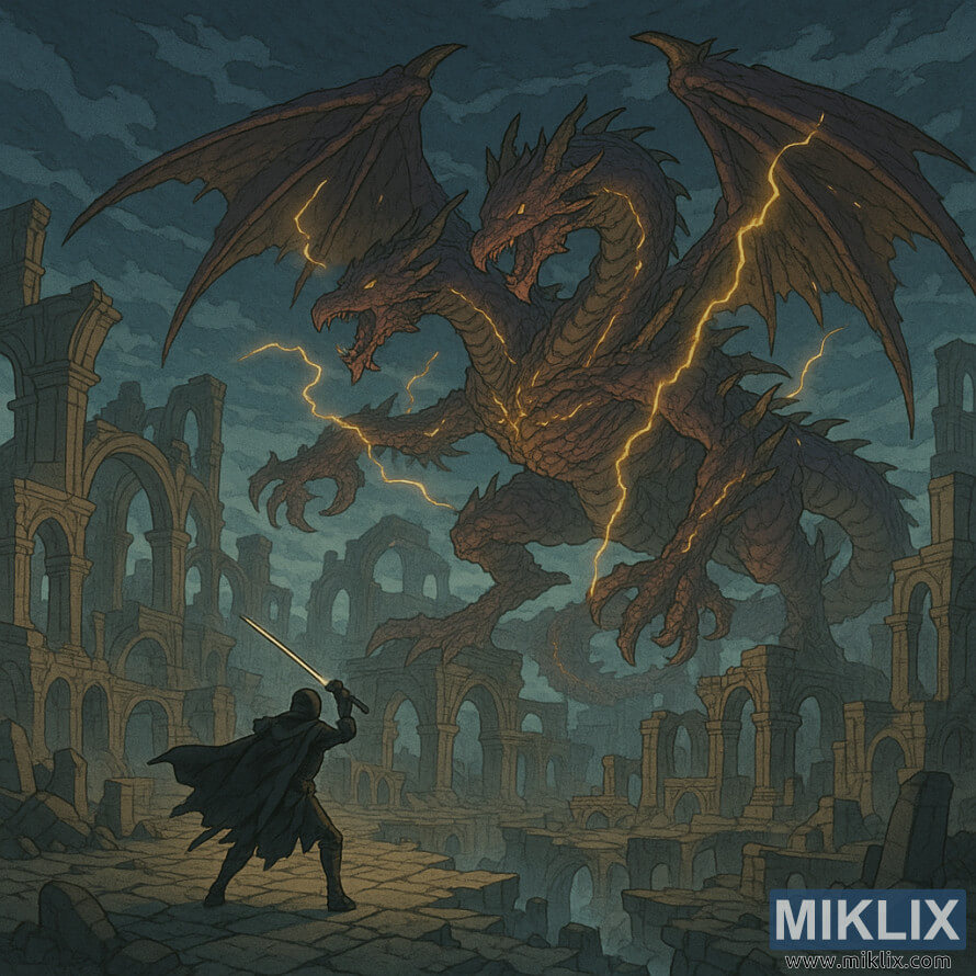 Ilustracija u anime stilu usamljenog ratnika u oklopu Crnog noža koji se suoÄava s dvoglavim zmajem, Gospodarom zmajeva Placidusaxom, usred visokih ruÅ¡evina i munja u raspadajuÄem Farum Azula. Ilustracija u anime stilu usamljenog ratnika u oklopu Crnog noža koji se suoÄava s dvoglavim zmajem, Gospodarom zmajeva Placidusaxom, usred visokih ruÅ¡evina i munja u raspadajuÄem Farum Azula.