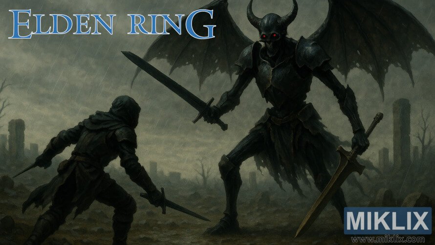 Fan art of a Tarnished in Black Knife armor fighting the Black Blade Kindred in the Forbidden Lands from Elden Ring, in a rainy ruined landscape. Fan art of a Tarnished in Black Knife armor fighting the Black Blade Kindred in the Forbidden Lands from Elden Ring, in a rainy ruined landscape.