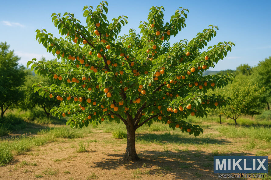 ÐÐ±ÑÐ¸ÐºÐ¾ÑÐ¾Ð²Ð¾Ðµ Ð´ÐµÑÐµÐ²Ð¾, ÑÐ°ÑÑÑÑÐµÐµ Ð½Ð° Ð¿Ð¾Ð»Ð½Ð¾Ð¼ ÑÐ¾Ð»Ð½ÑÐµ ÑÐ¾ ÑÐ¿ÐµÐ»ÑÐ¼Ð¸ Ð¾ÑÐ°Ð½Ð¶ÐµÐ²ÑÐ¼Ð¸ Ð¿Ð»Ð¾Ð´Ð°Ð¼Ð¸ Ð¸ ÑÐ¾ÑÐ¾ÑÐ¸Ð¼ Ð´ÑÐµÐ½Ð°Ð¶ÐµÐ¼ Ð¿Ð¾ÑÐ²Ñ Ð² ÑÐµÐ»ÑÑÐºÐ¾Ð¼ ÑÐ°Ð´Ñ.