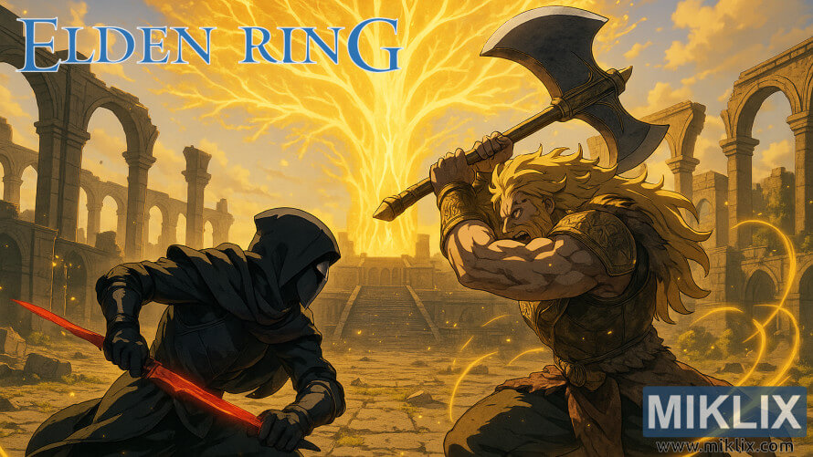 Anime-style artwork of a cloaked Black Knife assassin fighting Godfrey, First Elden Lord, in ancient ruins with a glowing Erdtree behind them.