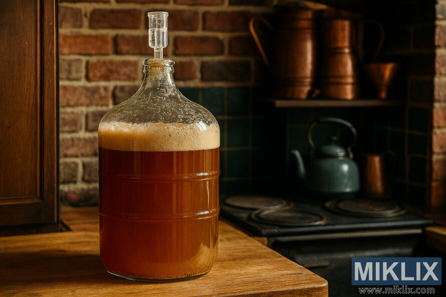 Glassdunk med gjærende engelsk øl i et tradisjonelt britisk hjemmebryggingskjøkken Glassdunk med gjærende engelsk øl i et tradisjonelt britisk hjemmebryggingskjøkken